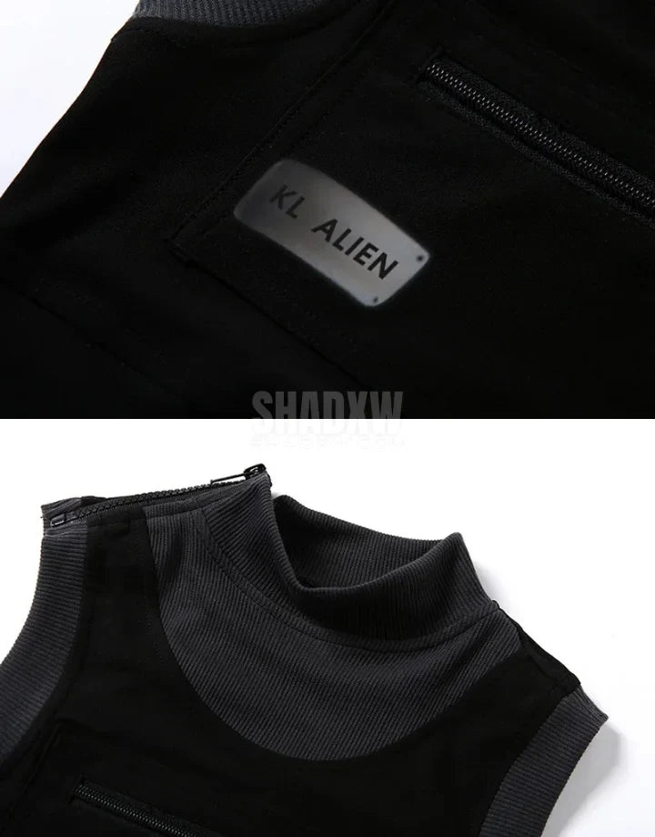 Dark graphic techwear t-shirt with an abstract futuristic print and relaxed urban streetwear silhouette, Clotechnow series 077 — view 9