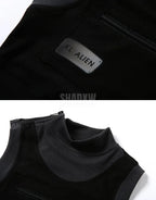 Dark graphic techwear t-shirt with an abstract futuristic print and relaxed urban streetwear silhouette, Clotechnow series 077 — view 9