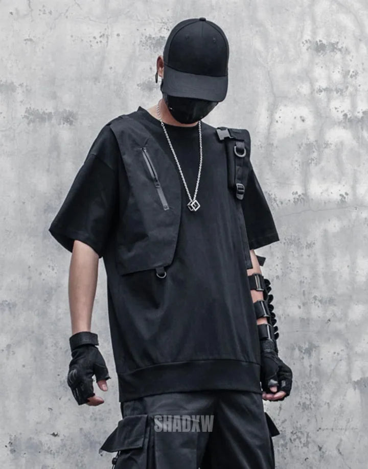 Crew-neck techwear shirt with chest panel accents and layered seam details in a modern urban aesthetic suitable for layering — view 5
