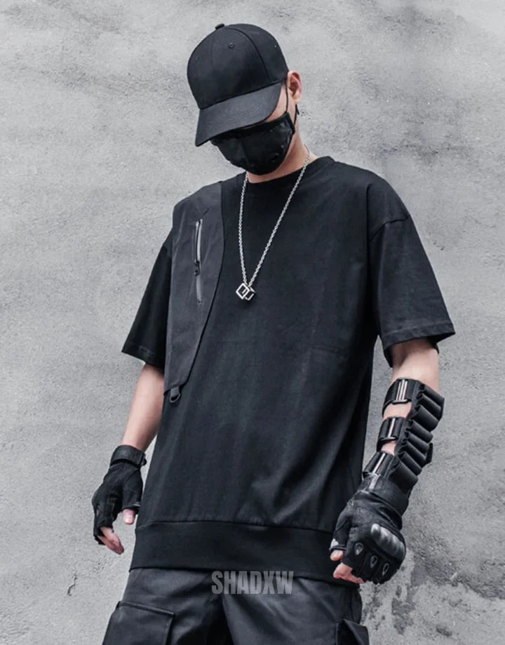 Crew-neck techwear shirt with chest panel accents and layered seam details in a modern urban aesthetic suitable for layering — view 3