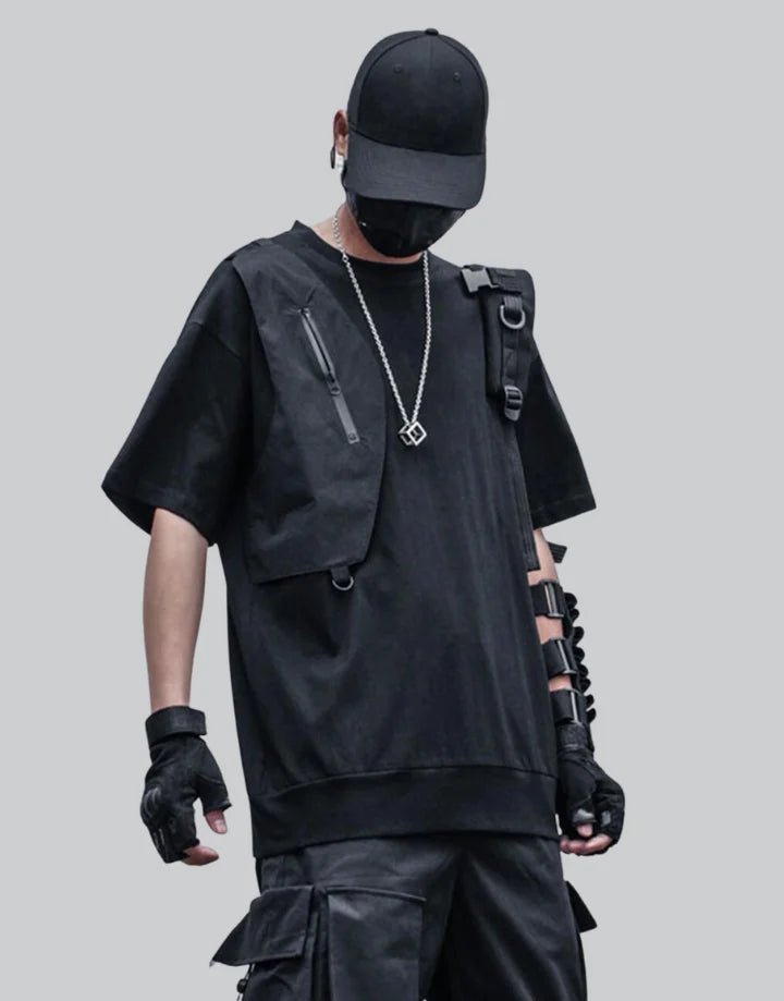 Crew-neck techwear shirt with chest panel accents and layered seam details in a modern urban aesthetic suitable for layering — view 1