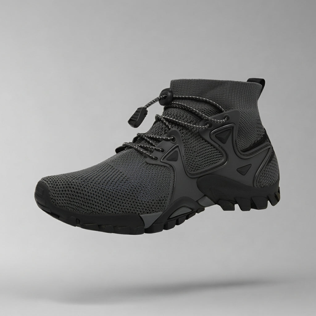 A dark gray and black techwear athletic ankle boot with a breathable mesh upper, lace-up front, and rugged sole, shown floating against a light gray studio background.