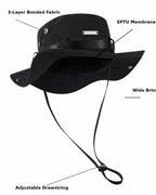 Black bucket-style sun hat with overlaid callout labels pointing to features: 3-Layer Bonded Fabric, EPTU Membrane, Wide Brim, and Adjustable Drawstring, on a plain white background.