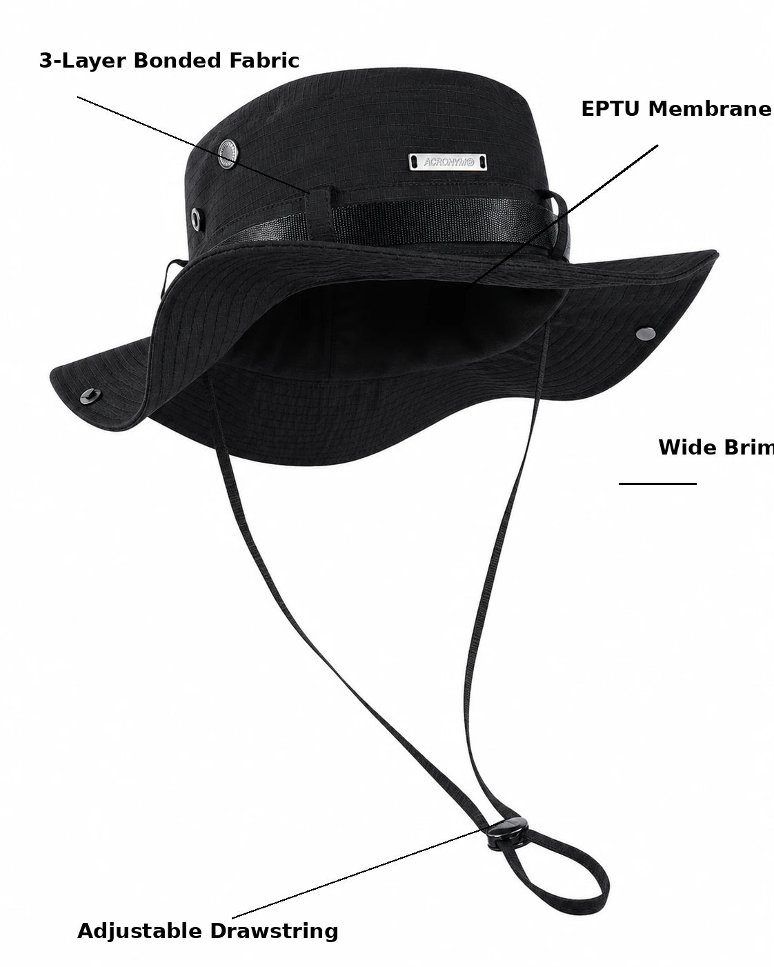 Black bucket-style sun hat with overlaid callout labels pointing to features: 3-Layer Bonded Fabric, EPTU Membrane, Wide Brim, and Adjustable Drawstring, on a plain white background.