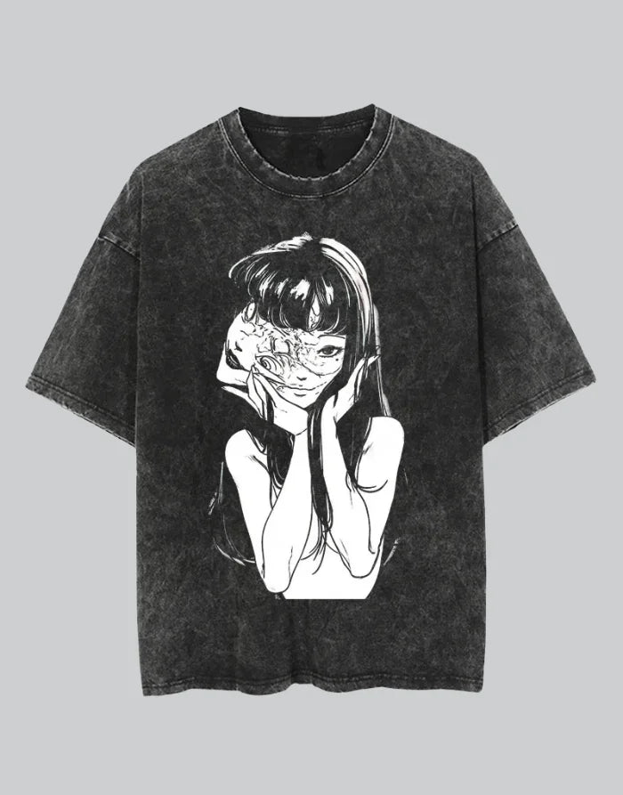 Retro-washed oversized graphic techwear tee featuring a distressed monochrome portrait-style print and relaxed streetwear silhouette — view 1