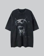 Regular-fit charcoal techwear t-shirt with geometric city grid print and contrast shoulder panels for urban styling — view 1