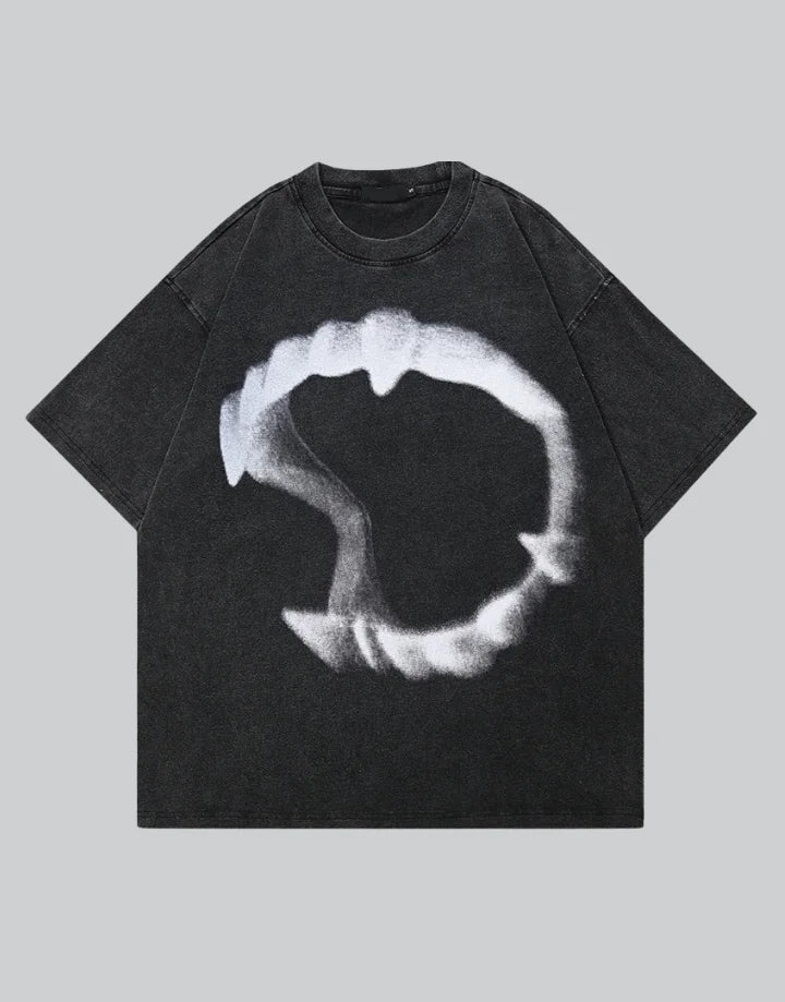 Dark graphic techwear t-shirt with an abstract futuristic print and relaxed urban streetwear silhouette, Clotechnow series 080 — view 1