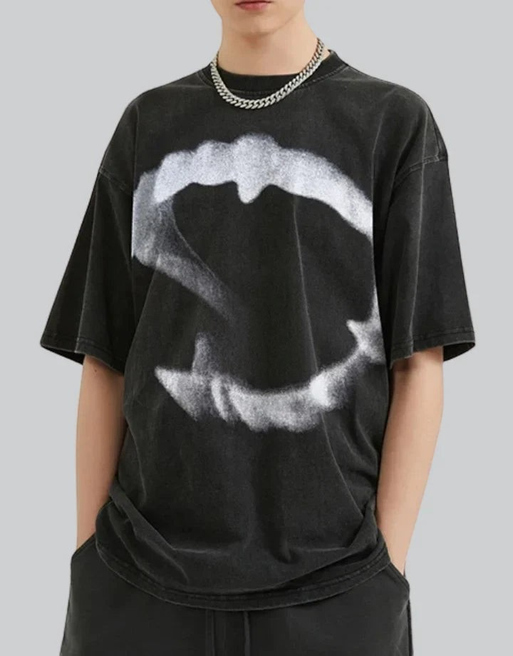 Dark graphic techwear t-shirt with an abstract futuristic print and relaxed urban streetwear silhouette, Clotechnow series 080 — view 6