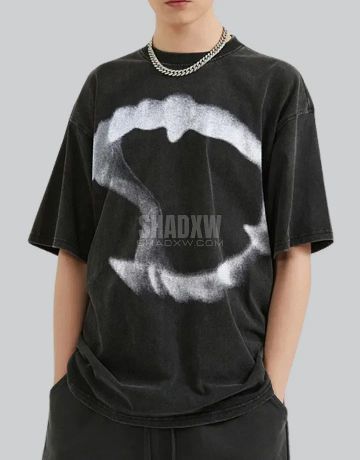 Dark graphic techwear t-shirt with an abstract futuristic print and relaxed urban streetwear silhouette, Clotechnow series 080 — view 6