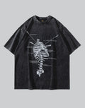 Longline oversized tee with large retro skeleton linework graphic, presenting vintage anatomical motifs on a techwear silhouette — view 1