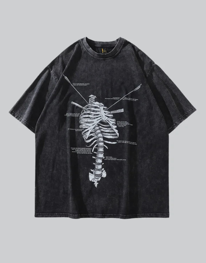 Longline oversized tee with large retro skeleton linework graphic, presenting vintage anatomical motifs on a techwear silhouette — view 1