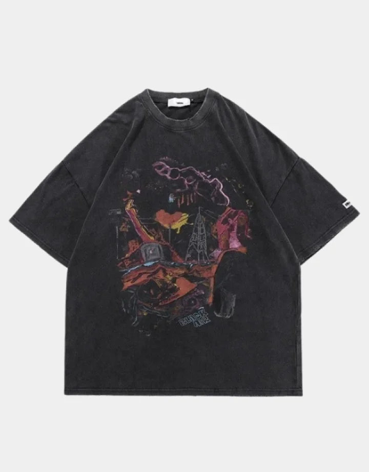 Oversized washed-effect techwear t-shirt with a faded post-apocalyptic scene print and lived-in, muted tones for a rugged street look — view 1