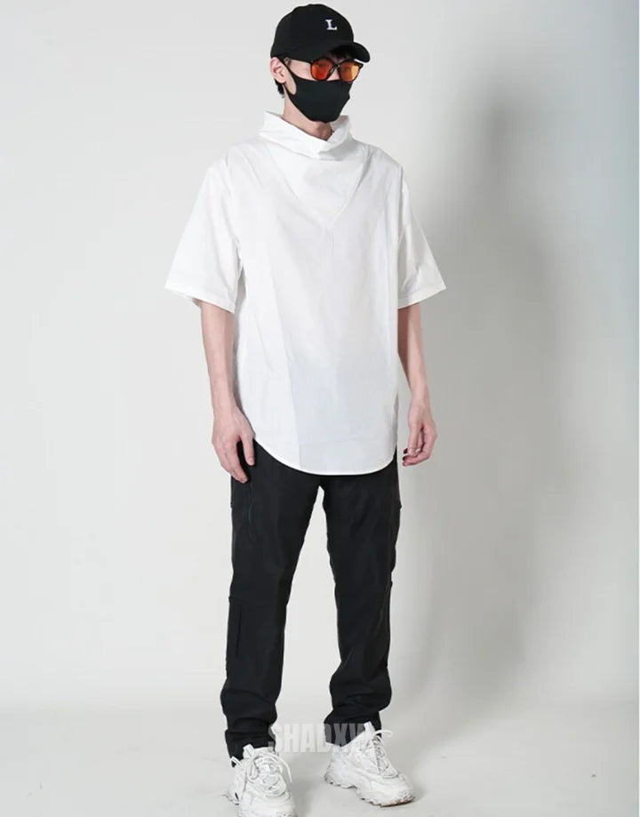 Dark graphic techwear t-shirt with an abstract futuristic print and relaxed urban streetwear silhouette, Clotechnow series 065 — view 6