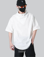 Dark graphic techwear t-shirt with an abstract futuristic print and relaxed urban streetwear silhouette, Clotechnow series 065 — view 5