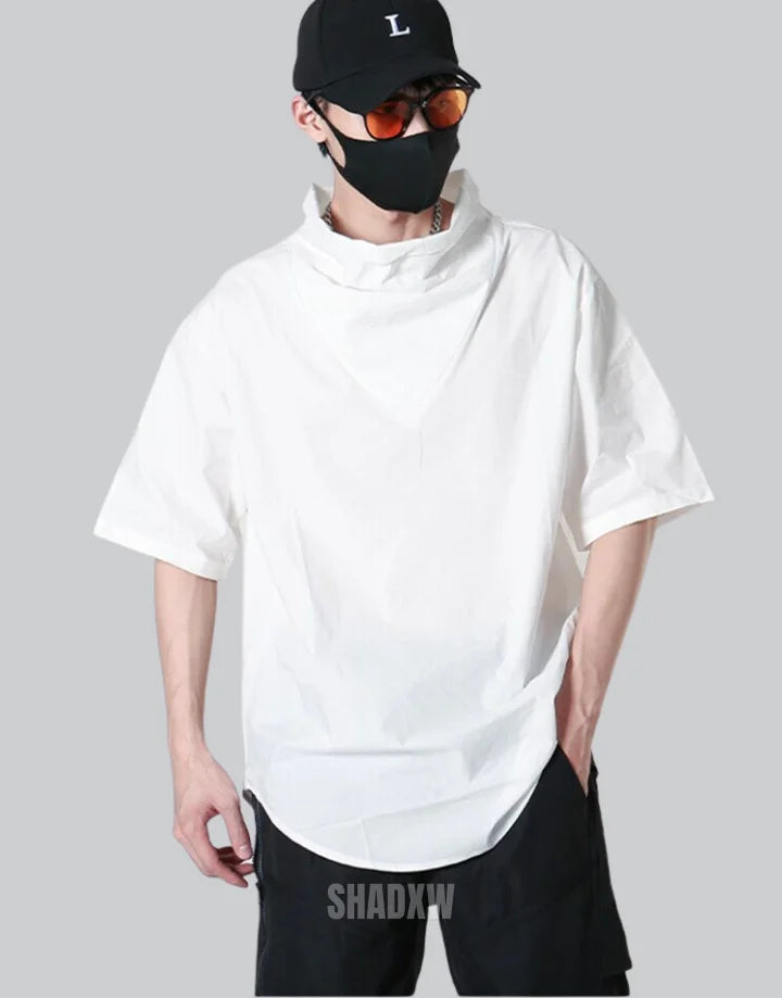Dark graphic techwear t-shirt with an abstract futuristic print and relaxed urban streetwear silhouette, Clotechnow series 065 — view 5
