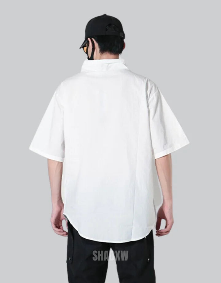 Dark graphic techwear t-shirt with an abstract futuristic print and relaxed urban streetwear silhouette, Clotechnow series 065 — view 2