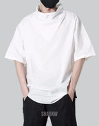Dark graphic techwear t-shirt with an abstract futuristic print and relaxed urban streetwear silhouette, Clotechnow series 065 — view 4