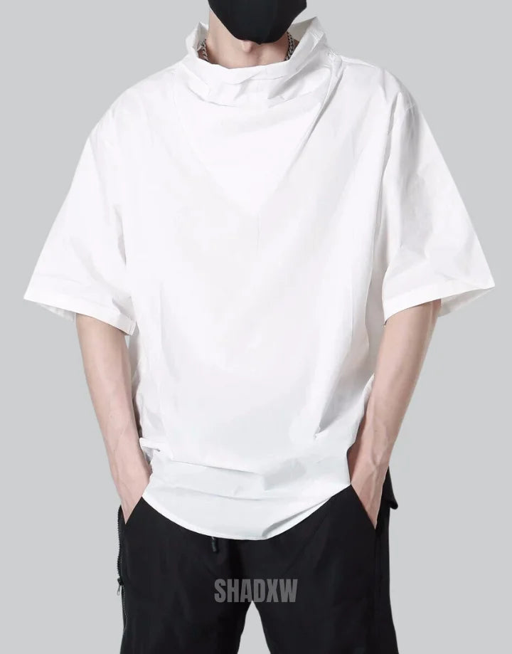 Dark graphic techwear t-shirt with an abstract futuristic print and relaxed urban streetwear silhouette, Clotechnow series 065 — view 4