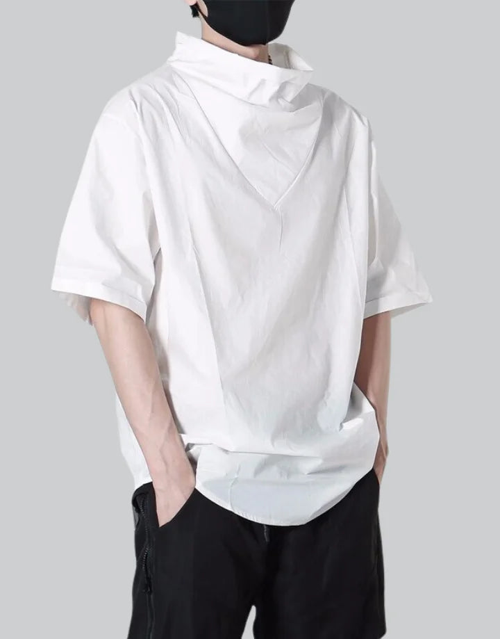 Dark graphic techwear t-shirt with an abstract futuristic print and relaxed urban streetwear silhouette, Clotechnow series 065 — view 1