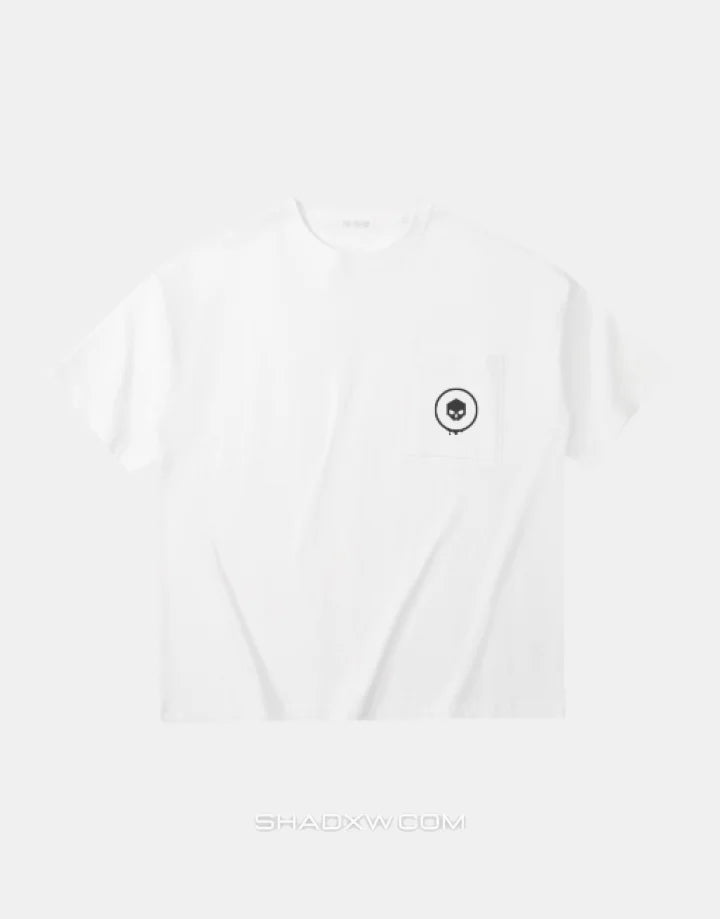 Women's short-sleeve techwear tee shown in black and white with a large center pocket and two smaller utility pockets on the front — view 2