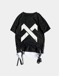 Dark graphic techwear t-shirt with an abstract futuristic print and relaxed urban streetwear silhouette, Clotechnow series 087 — view 1