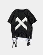Dark graphic techwear t-shirt with an abstract futuristic print and relaxed urban streetwear silhouette, Clotechnow series 087 — view 1