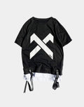 Dark graphic techwear t-shirt with an abstract futuristic print and relaxed urban streetwear silhouette, Clotechnow series 087 — view 1