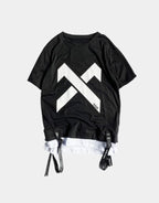 Dark graphic techwear t-shirt with an abstract futuristic print and relaxed urban streetwear silhouette, Clotechnow series 087 — view 1