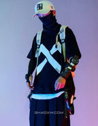 Dark graphic techwear t-shirt with an abstract futuristic print and relaxed urban streetwear silhouette, Clotechnow series 087 — view 3