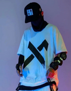 Dark graphic techwear t-shirt with an abstract futuristic print and relaxed urban streetwear silhouette, Clotechnow series 087 — view 4