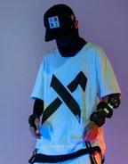 Dark graphic techwear t-shirt with an abstract futuristic print and relaxed urban streetwear silhouette, Clotechnow series 087 — view 4