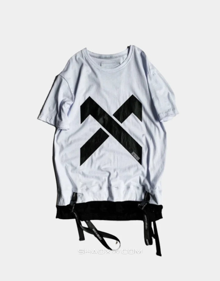 Dark graphic techwear t-shirt with an abstract futuristic print and relaxed urban streetwear silhouette, Clotechnow series 087 — view 2