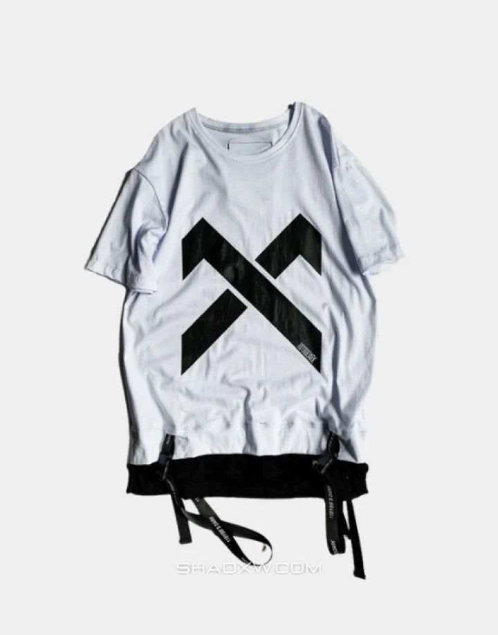 Dark graphic techwear t-shirt with an abstract futuristic print and relaxed urban streetwear silhouette, Clotechnow series 087 — view 2