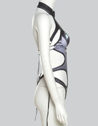 Dark graphic techwear t-shirt with an abstract futuristic print and relaxed urban streetwear silhouette, Clotechnow series 081 — view 6