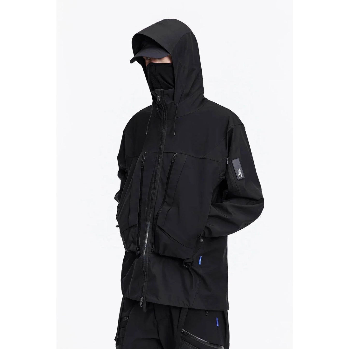 A man wearing The 0107 Ski Down Techwear Jacket in Black Color