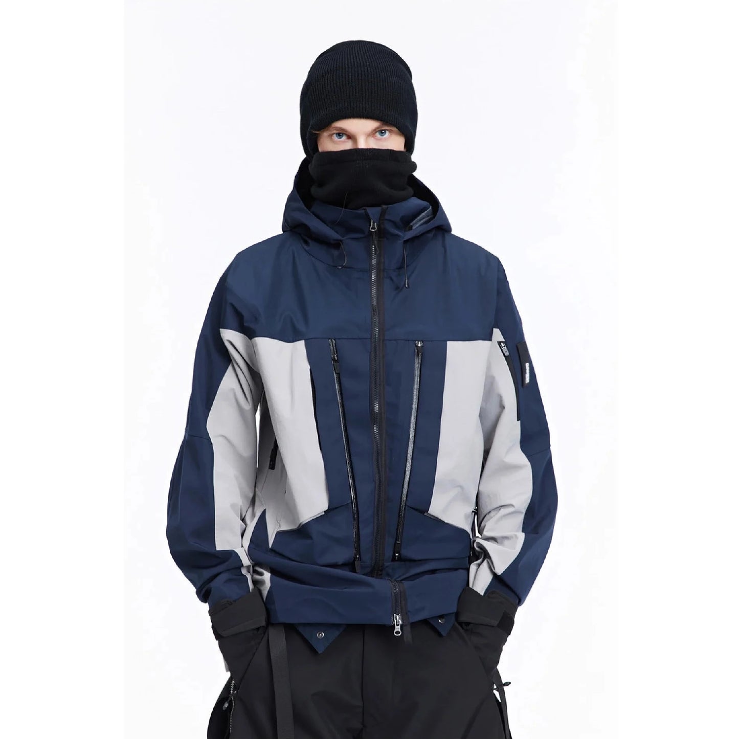 A man wearing The 0107 Ski Down Techwear Jacket in Blue Color