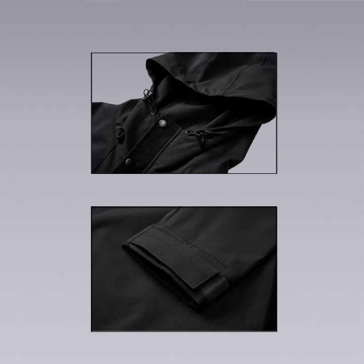 Our unique design with high waterproof fabric, modern custom waterproof and windproof jacket fabric, built-in elastic cord adjustment, high-quality Velcro to adjust the cuffs, double symmetrical pockets on the chest with waterproof laminated zipper - Clotechnow