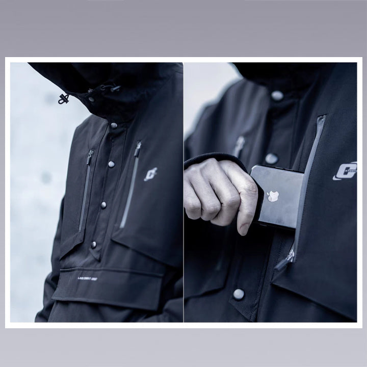 Our unique design with high waterproof fabric, modern custom waterproof and windproof jacket fabric, built-in elastic cord adjustment, high-quality Velcro to adjust the cuffs, double symmetrical pockets on the chest with waterproof laminated zipper - Clotechnow