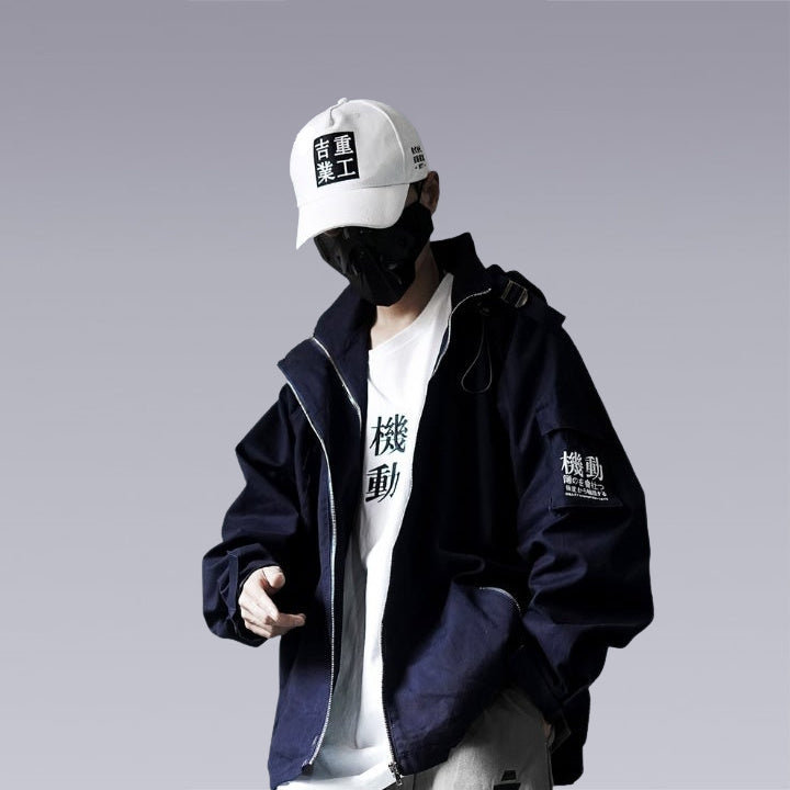 Men wearing the original dark blue techwear jacket with straps and white cap