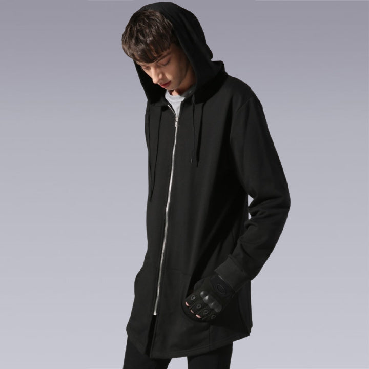 Men wearing the black hooded zipper coat