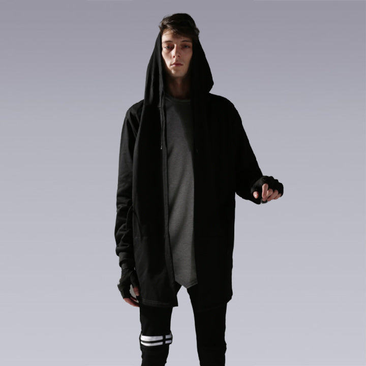 Men wearing the black hooded coat