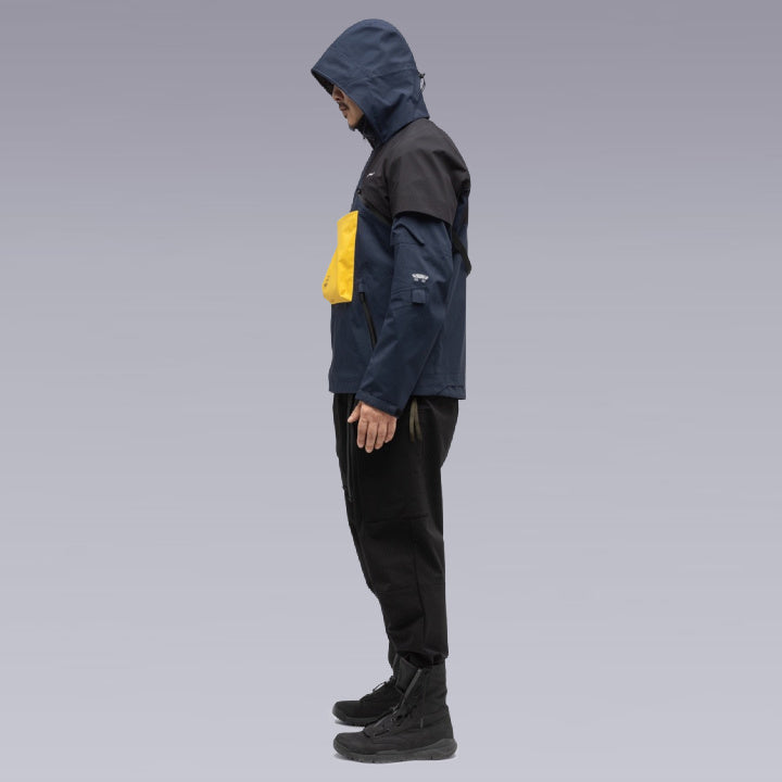 A man wearing the Death Stranding techwear Jacket, left side image close-up