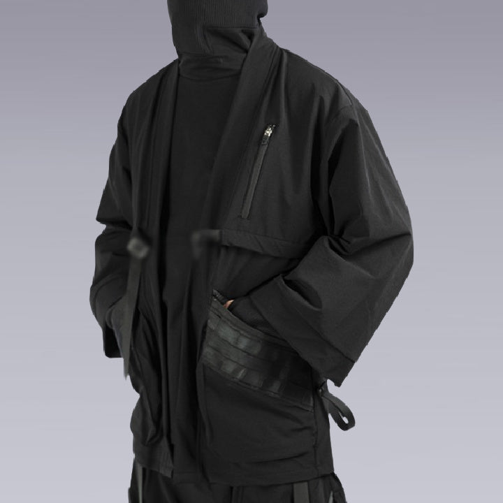 A man wearing the Techwear Ninja Black Kimono and putting his hand in his pocket