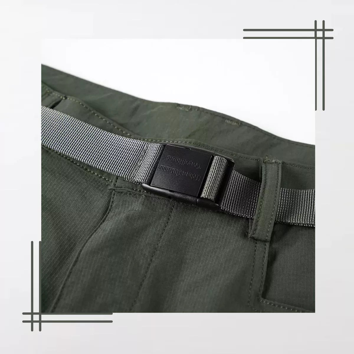 Details Of The S/23 Summer Techwear Shorts. Army Green Color